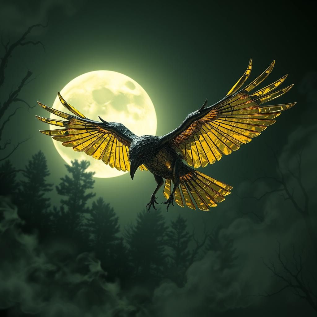 Crystal Raven in Flight Under a Full Moon