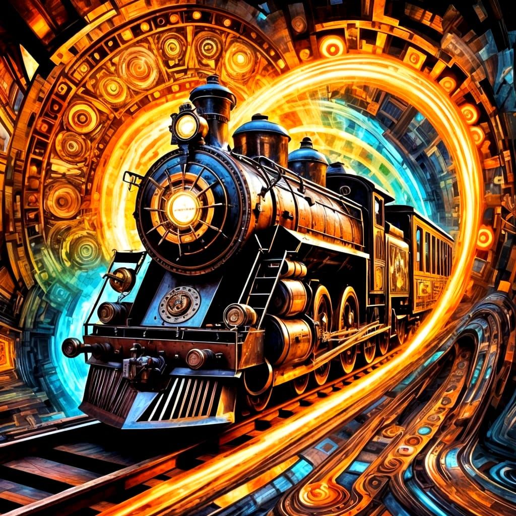 Steampunk Train Speeds Through Psychedelic Light Vortexes
