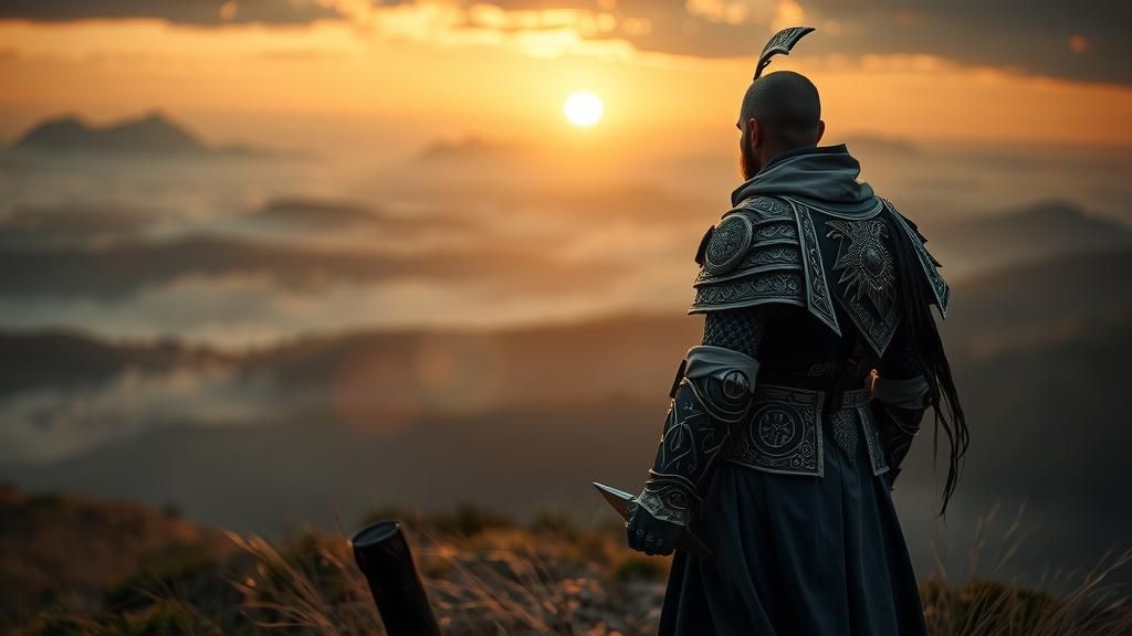 Heroic Knight Overlooks Misty Valleys at Sunset