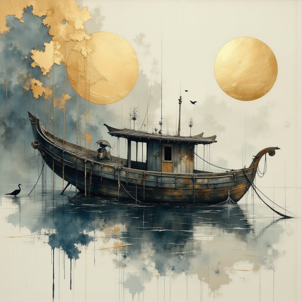 Japanese Fishing Boat in Abstract Romantic Style
