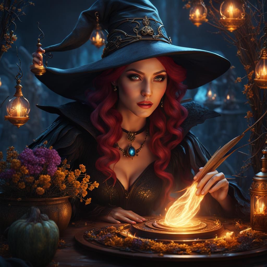 Fantasy Witch Casting Spell: Detailed Matte Painting