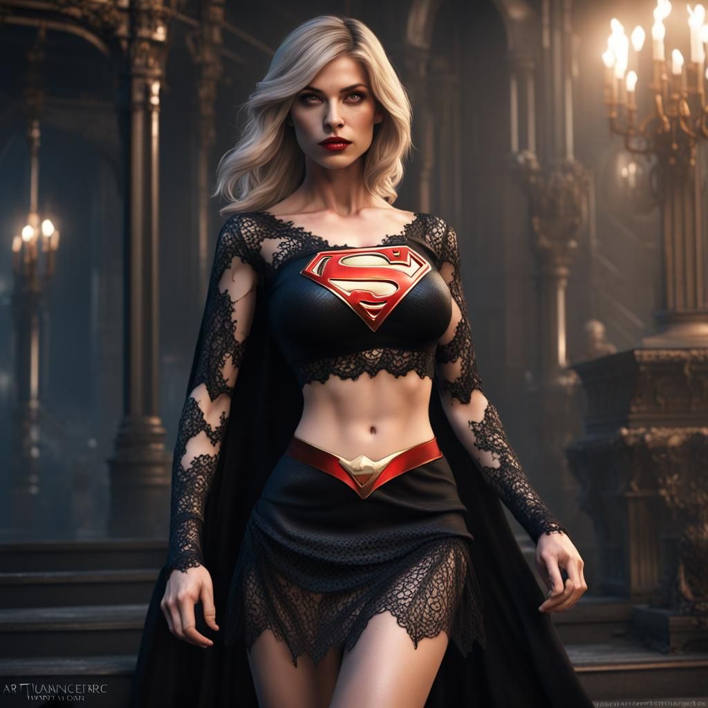 Evil Supergirl in Black Lace: Detailed Matte Painting