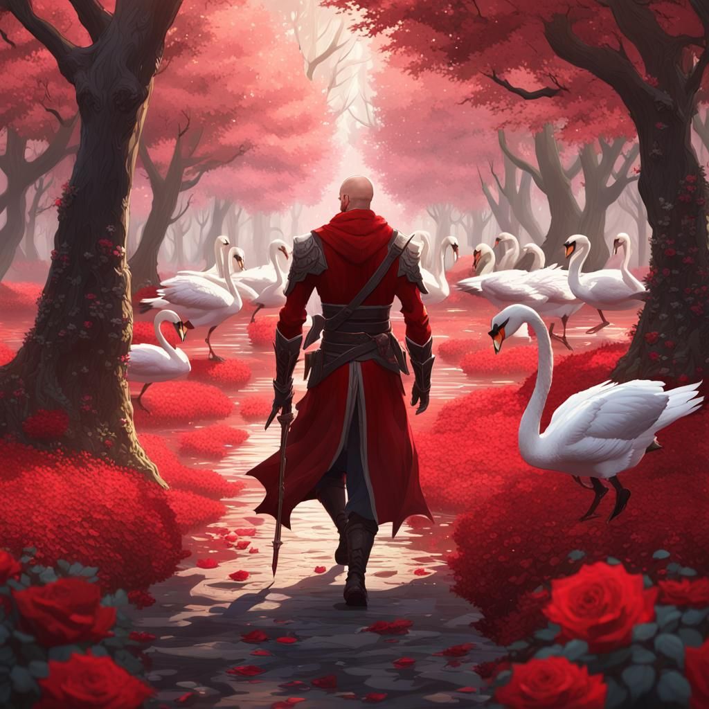 Assassin in Rose Forest with Swans: Anime Art