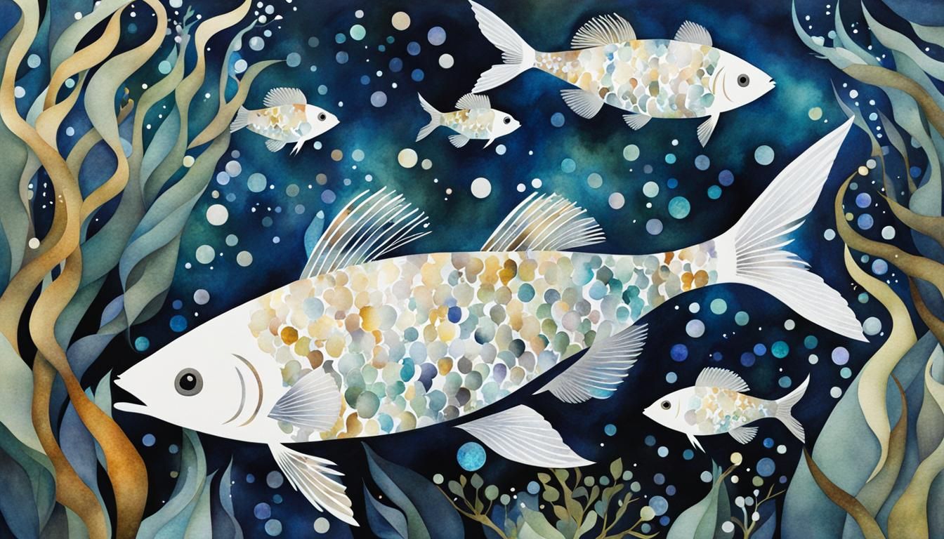 Heavenly Fish in Kelp Forest Watercolor Collage