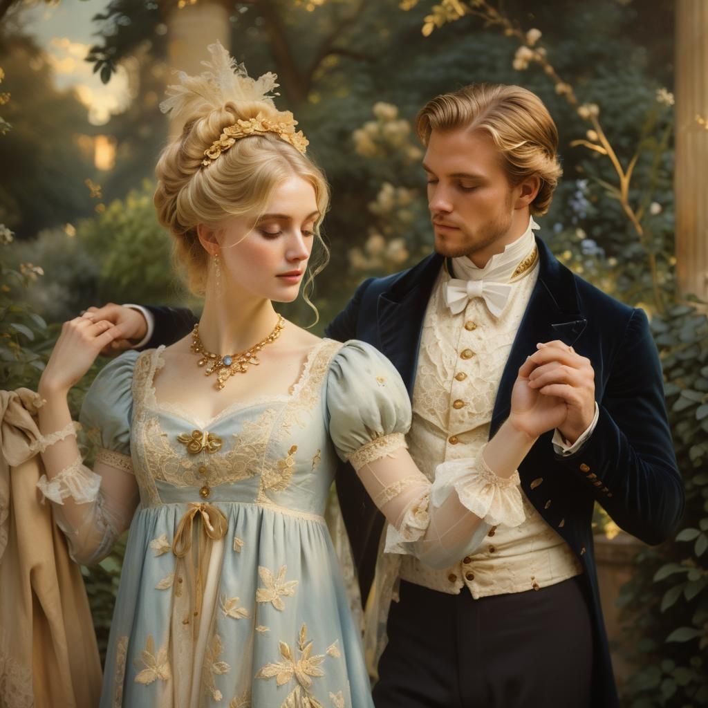 Romantic Regency Couple in English Garden: Impressionist Sty...