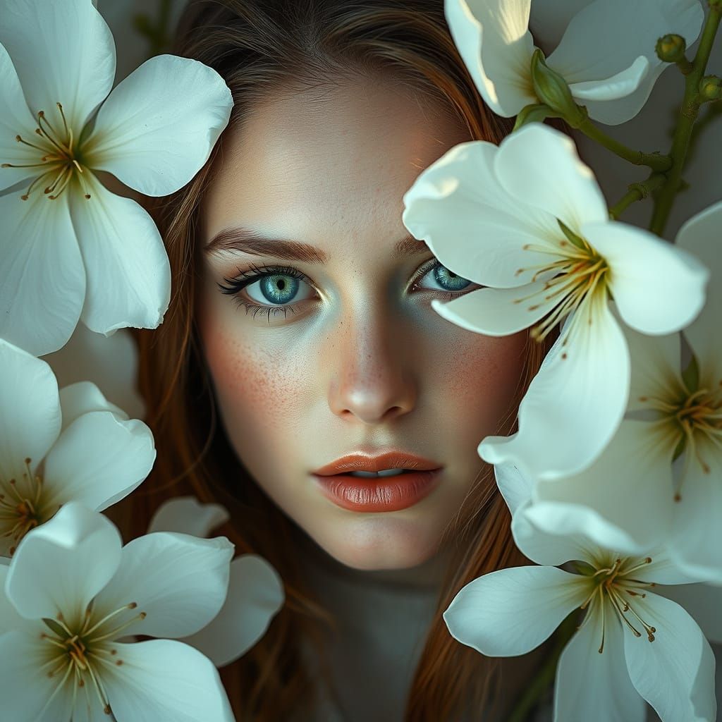 Woman with Blue Eyes Emerging from Blossoms