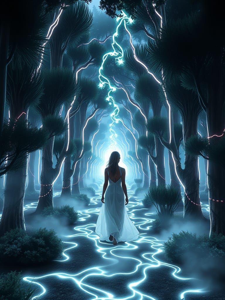 Ethereal Neon Forest with Woman in White