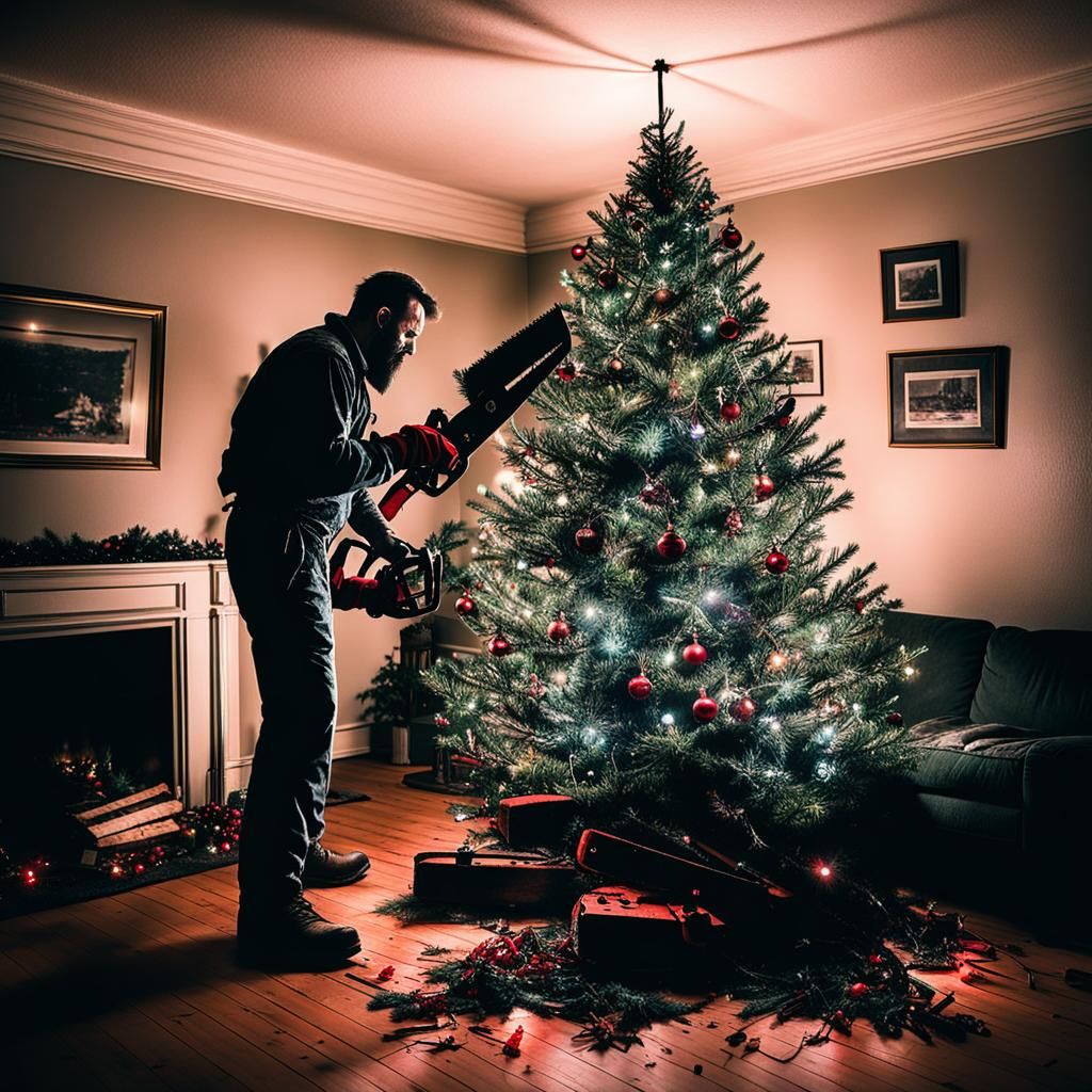 Horror Scene: Lumberjack Cuts Christmas Tree