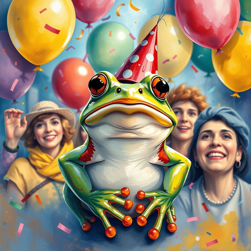 Surprised Frog at Party in Gouache Style