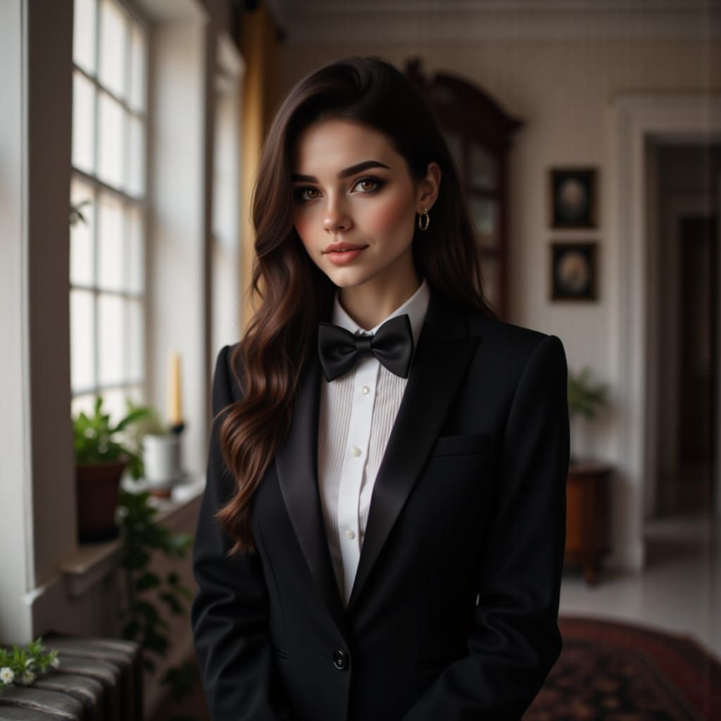 Elegant Woman in Tuxedo and Fitted T-Shirt