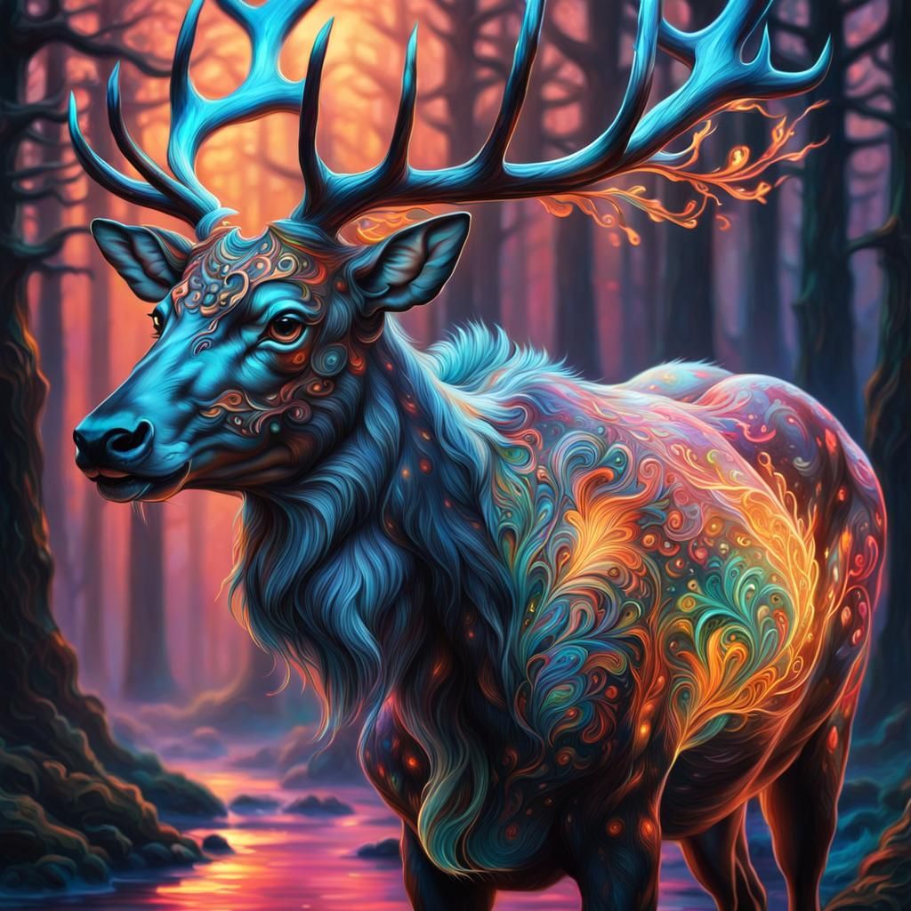 Hyper Glowing Reindeer in Gouache Illustration Style