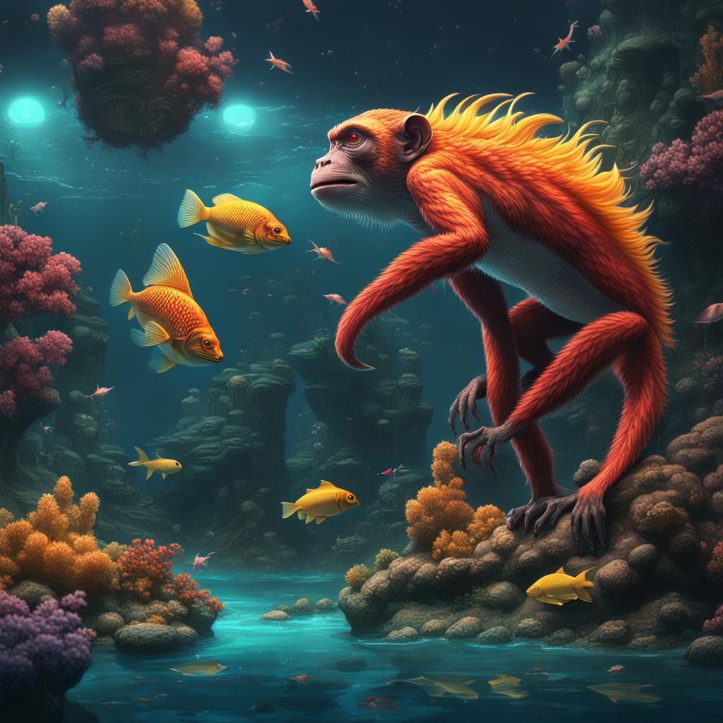 Fantastical Monkey Fish with Banana, Digital Art