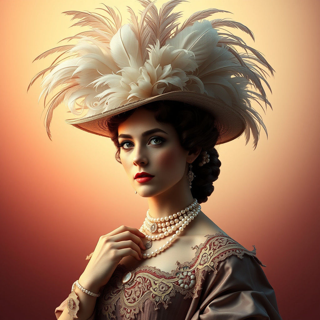 Victorian Lady with Feathered Hat in Art Nouveau Style