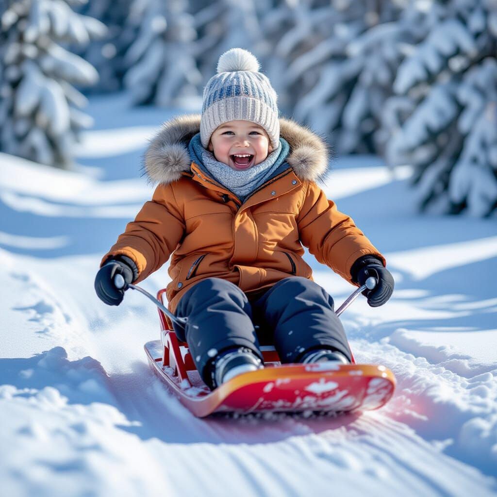 Child Laughing Down Snowy Hill on Sledge
