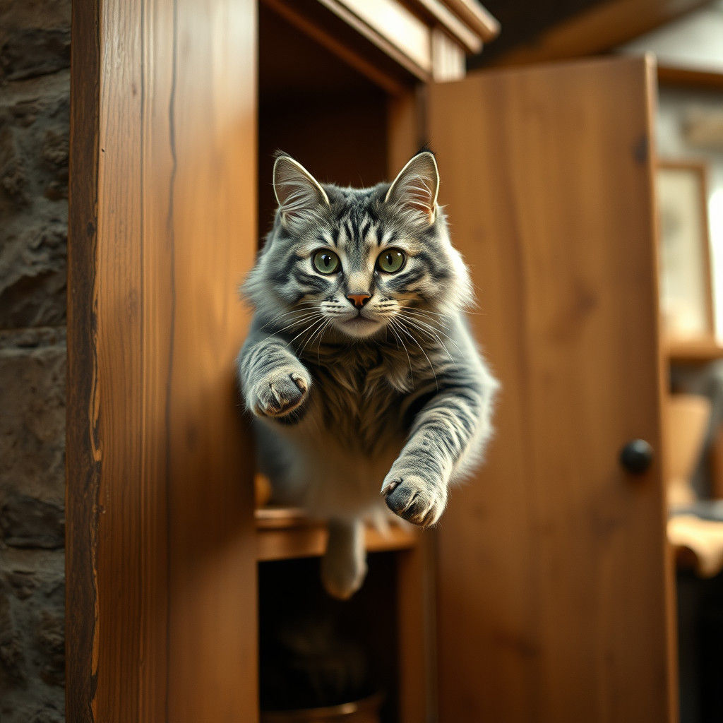 A Grey Tabby Cat Emerges from a Cozy Kitchen Cupboard