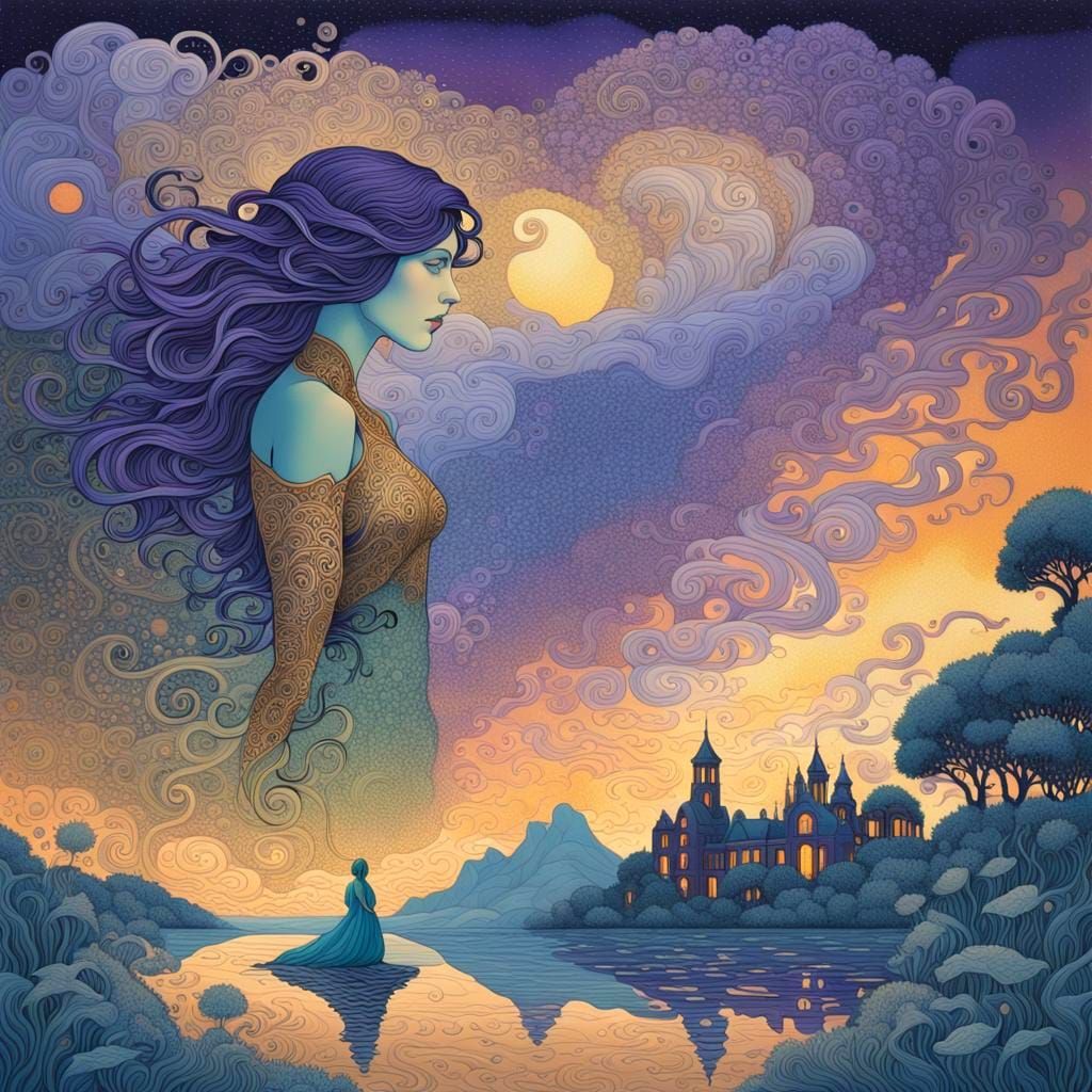 Woman in Twilight Landscape: Art Nouveau Mosaic