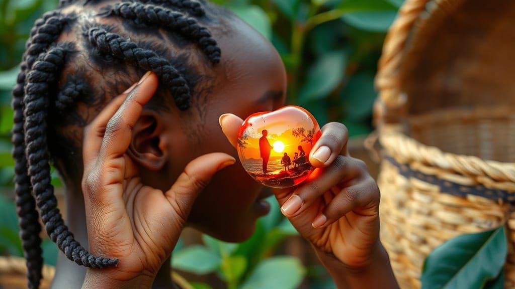 Girl with Cherry: Ash Painting with Coffee Bean Oils