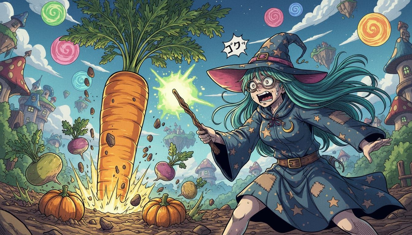 Manga Magician Frightened by Giant Carrot Spell