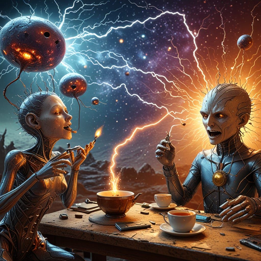 Tommy Danger and Ms Zing drinking tea at the edge of the universe Metal World  apotheosis metallic  iridescent  intricat...