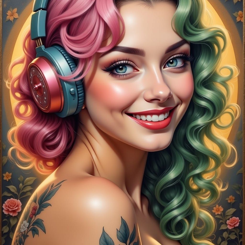 Colorful Oil Painting of a Woman Listening to Music