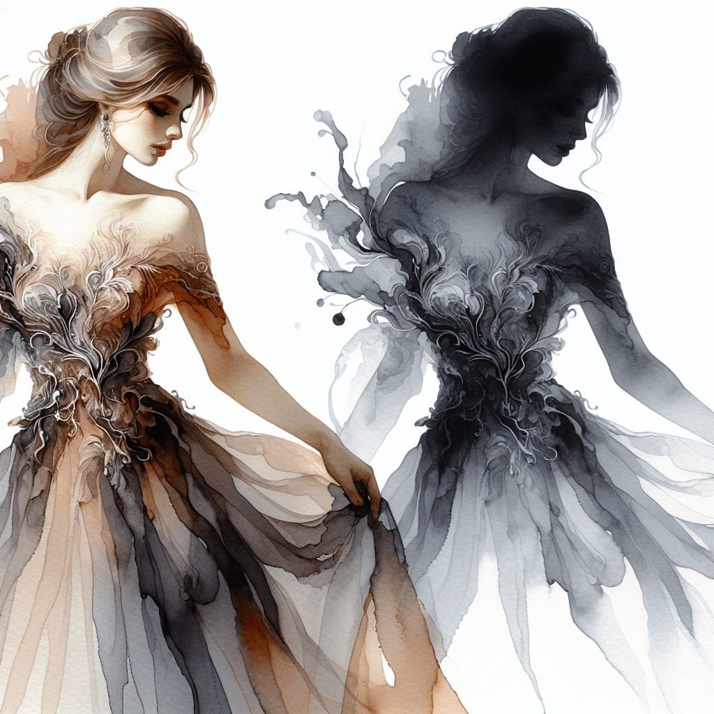 Ethereal Woman in Shadow Dress Watercolor Painting