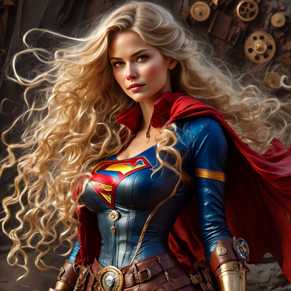 Supergirl Steampunk Portrait as Impasto Art