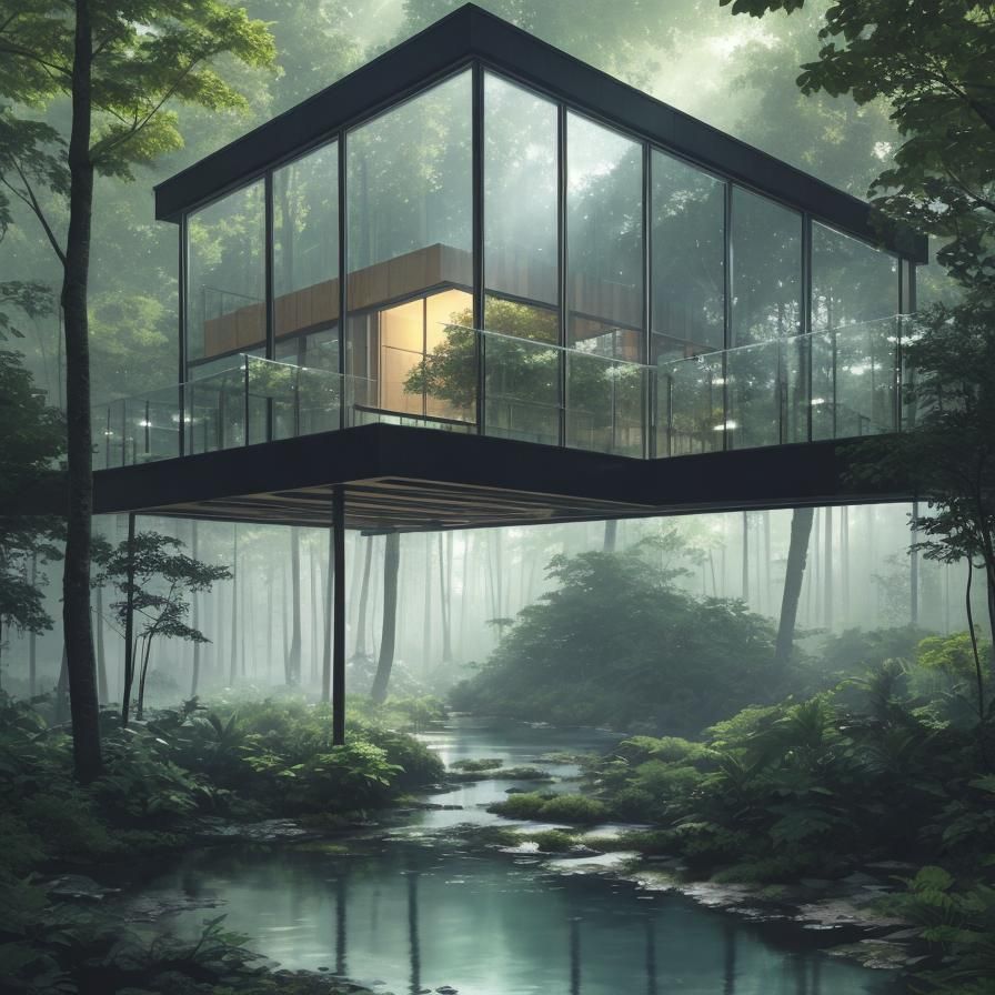 Floating glass cube residence anchored within a dense forest, suspended on slim steel beams above a stream, minimalistic...