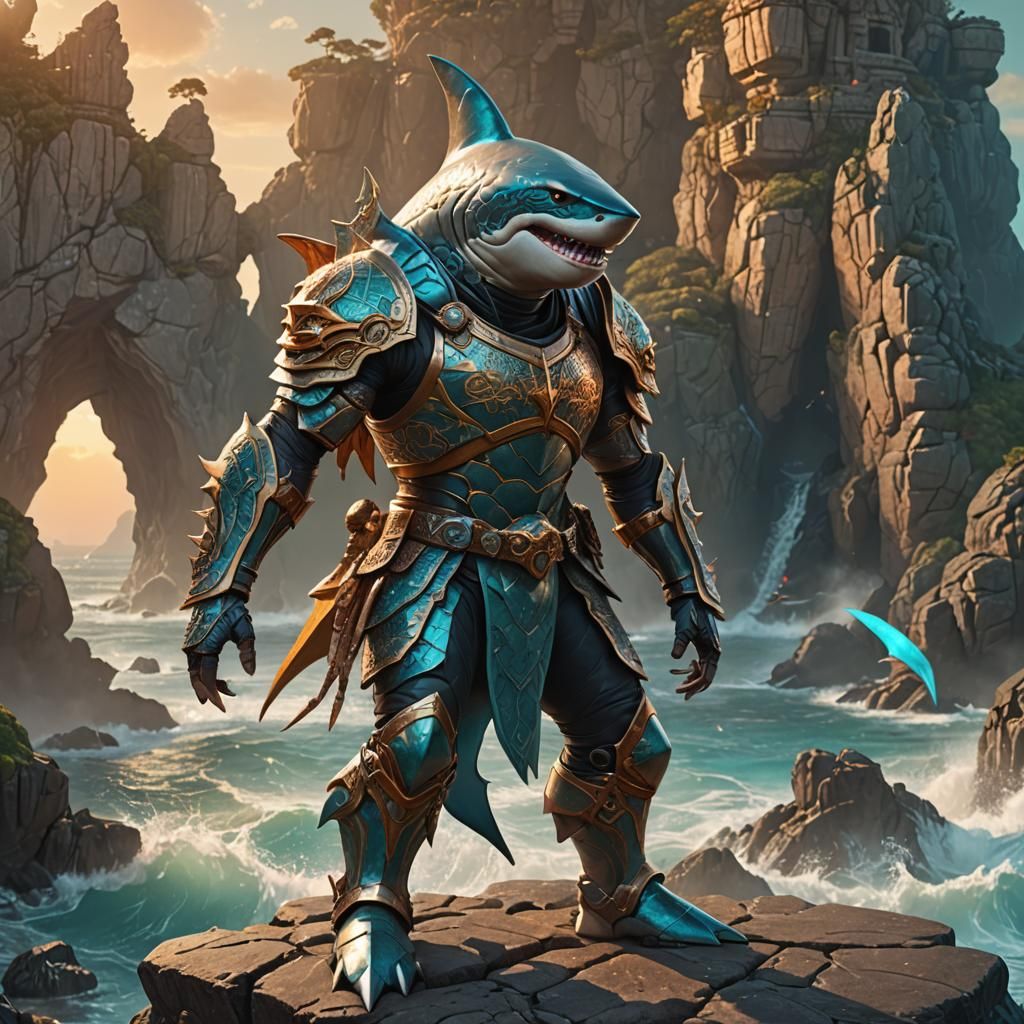 Surreal Shark Warrior Stands Tall on Oceanic Outcropping in...