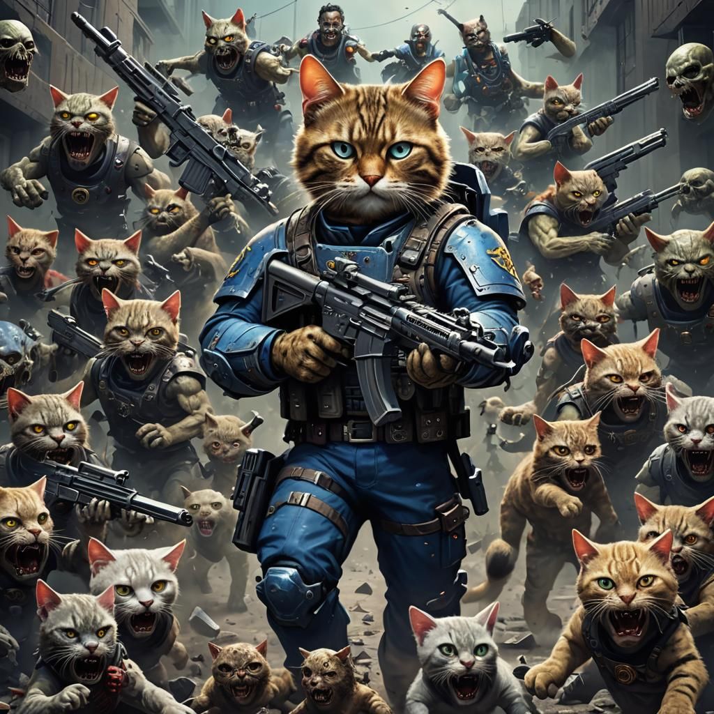 Armored Cat Warrior vs Zombie Horde
