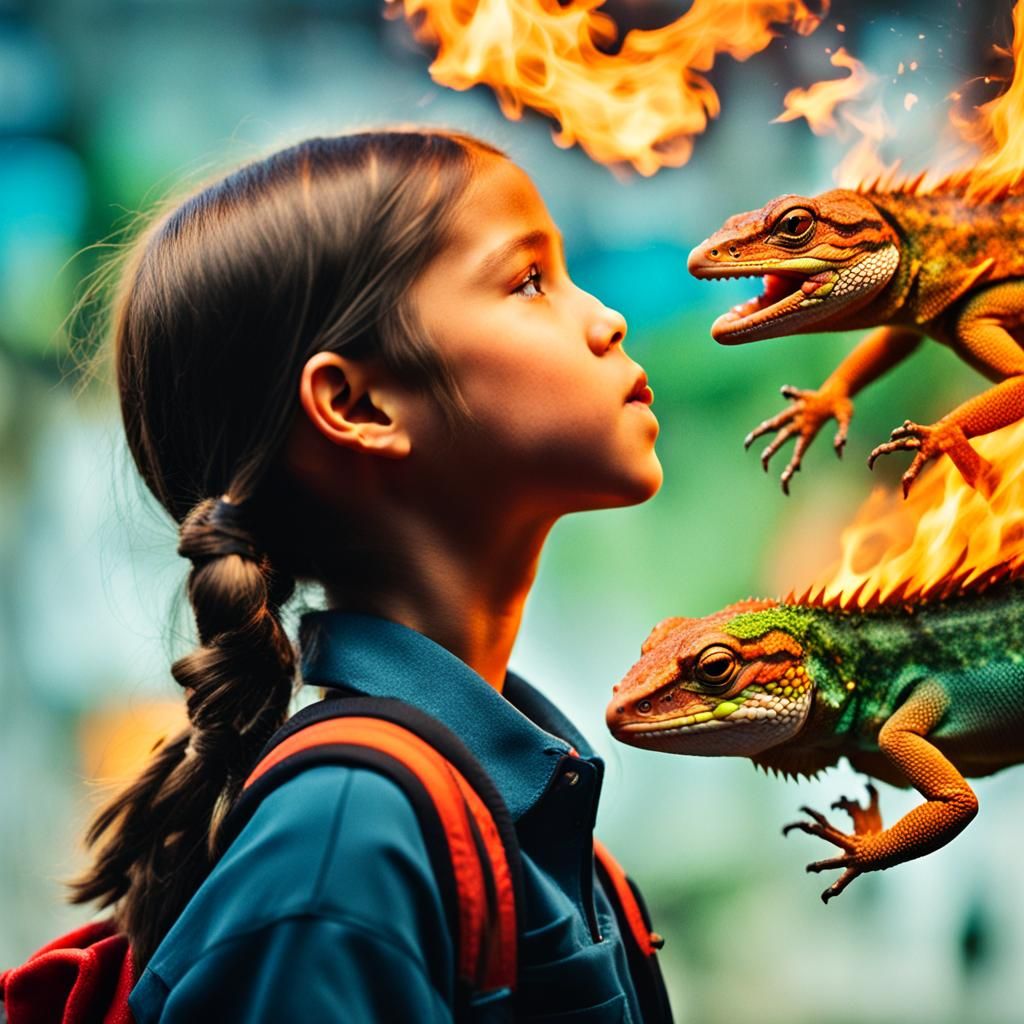 Girl Feeds Fire Lizards: Professional Photography