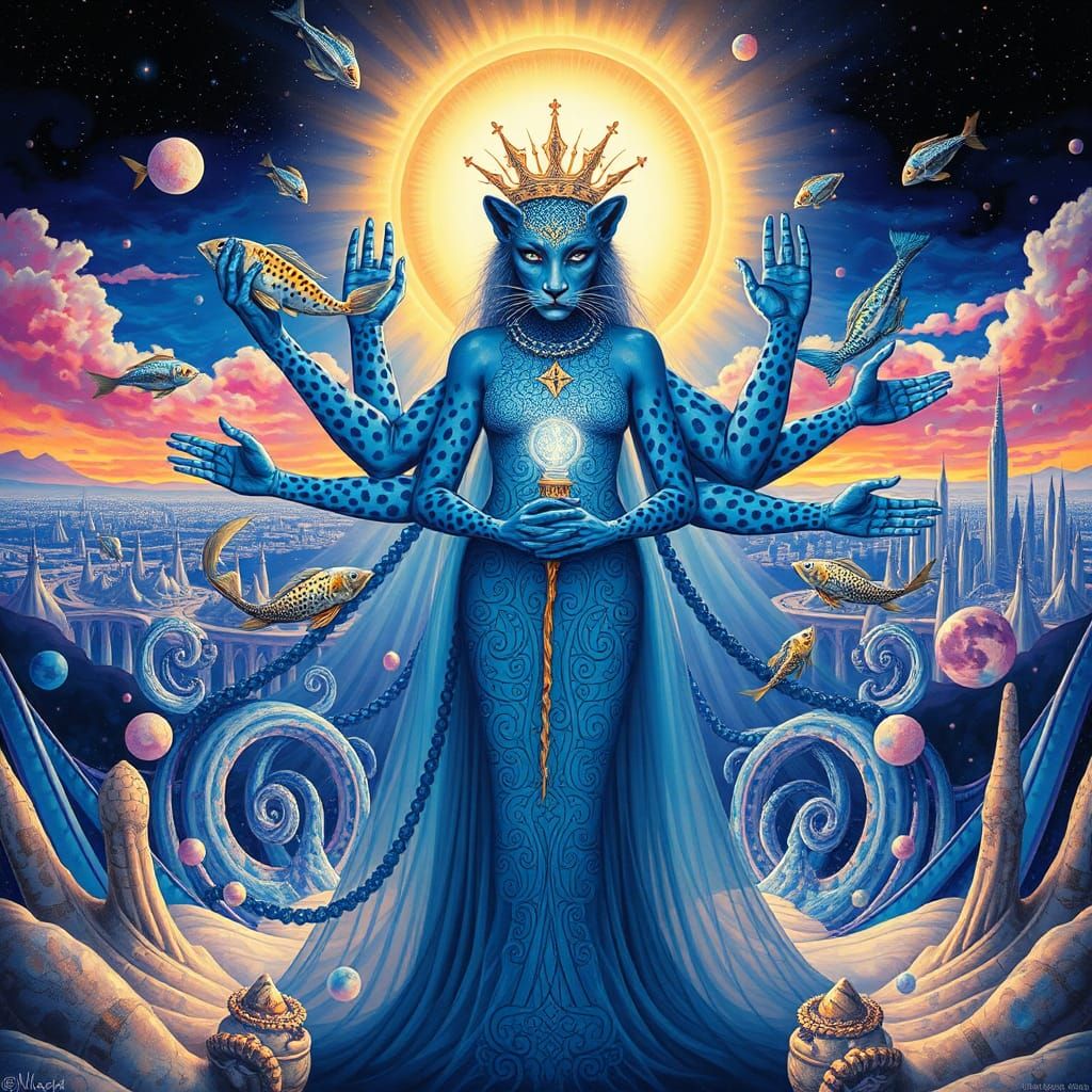 Ethereal Realm: Six-Armed Leopard Woman in Surreal Style