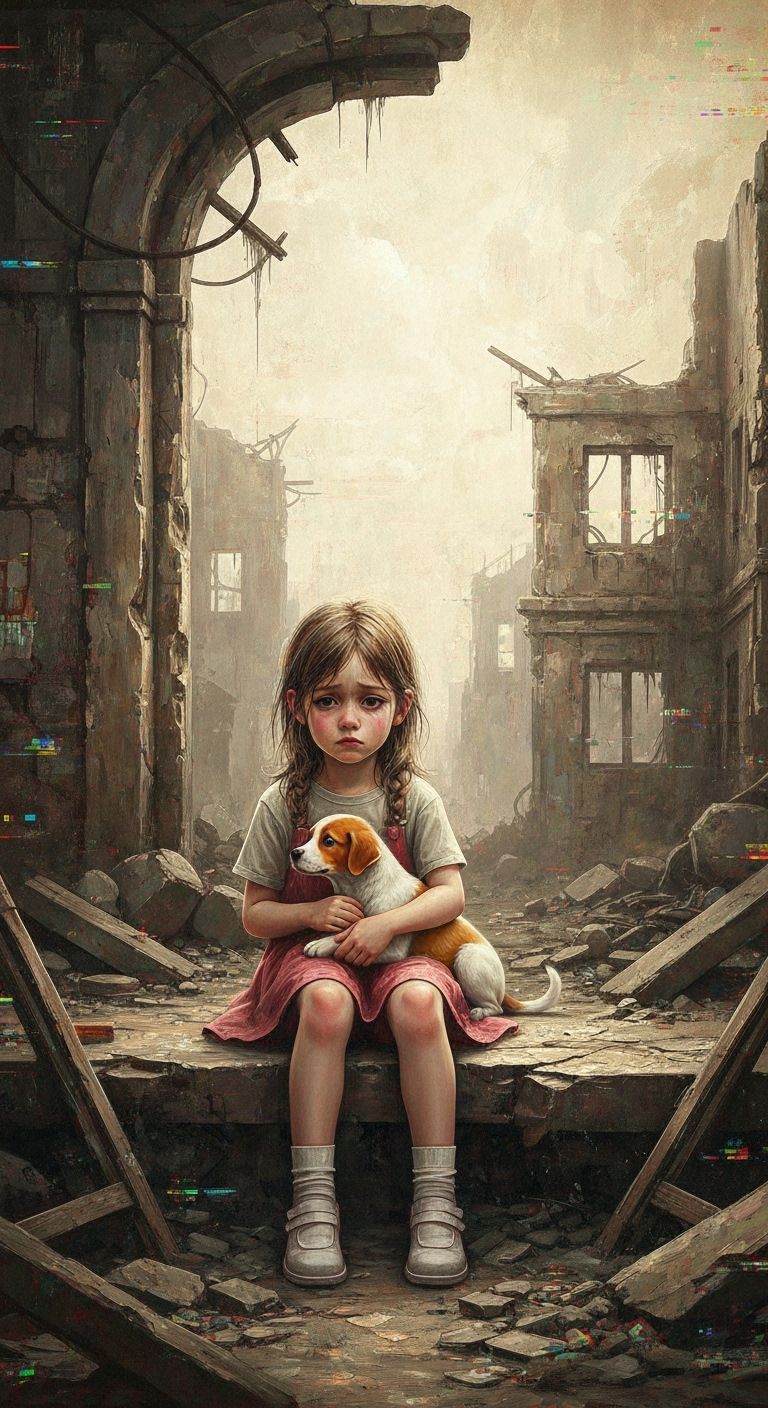 Sad Girl and Puppy in Ruins Impasto Oil Painting