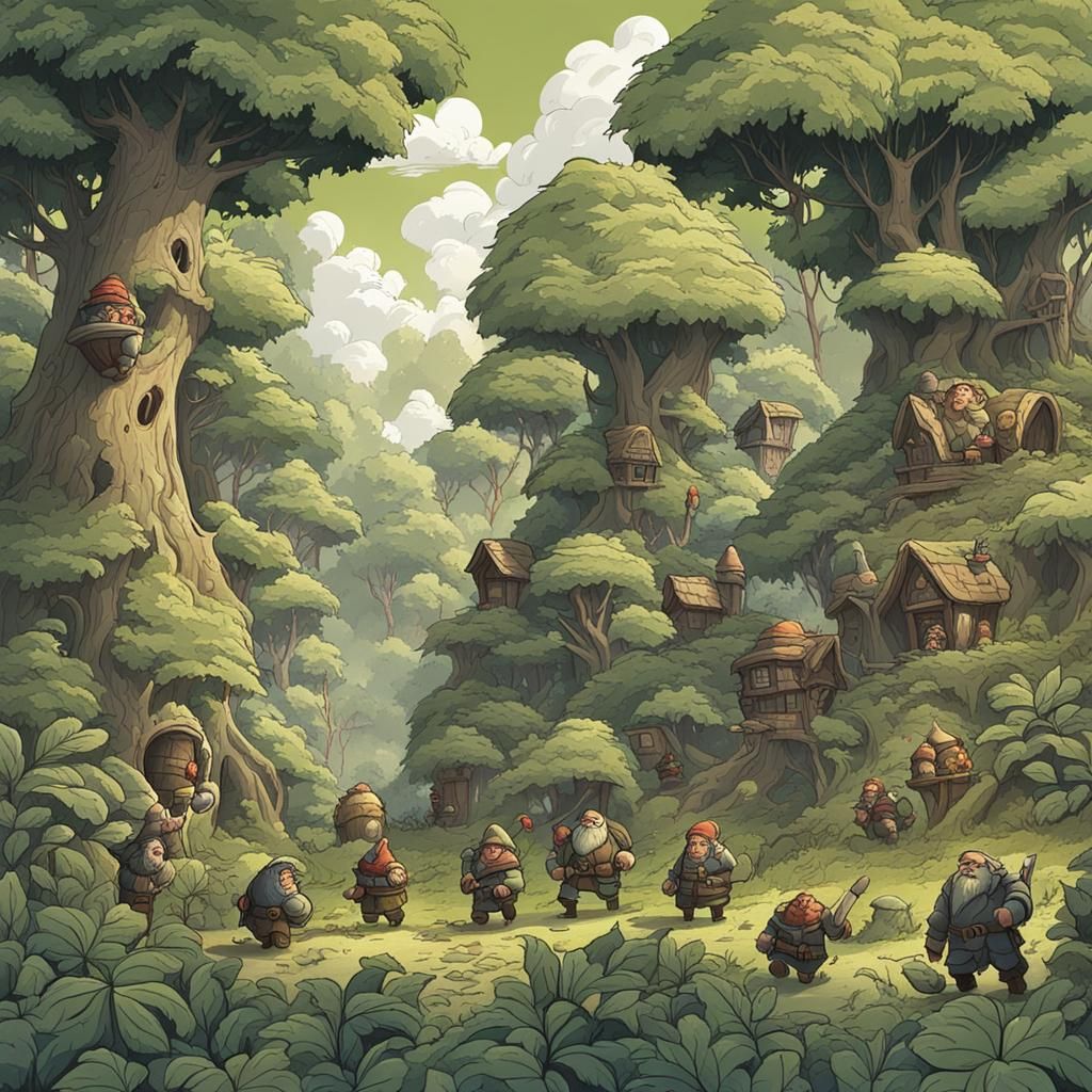 Lush Forest Scene with Hidden Dwarves