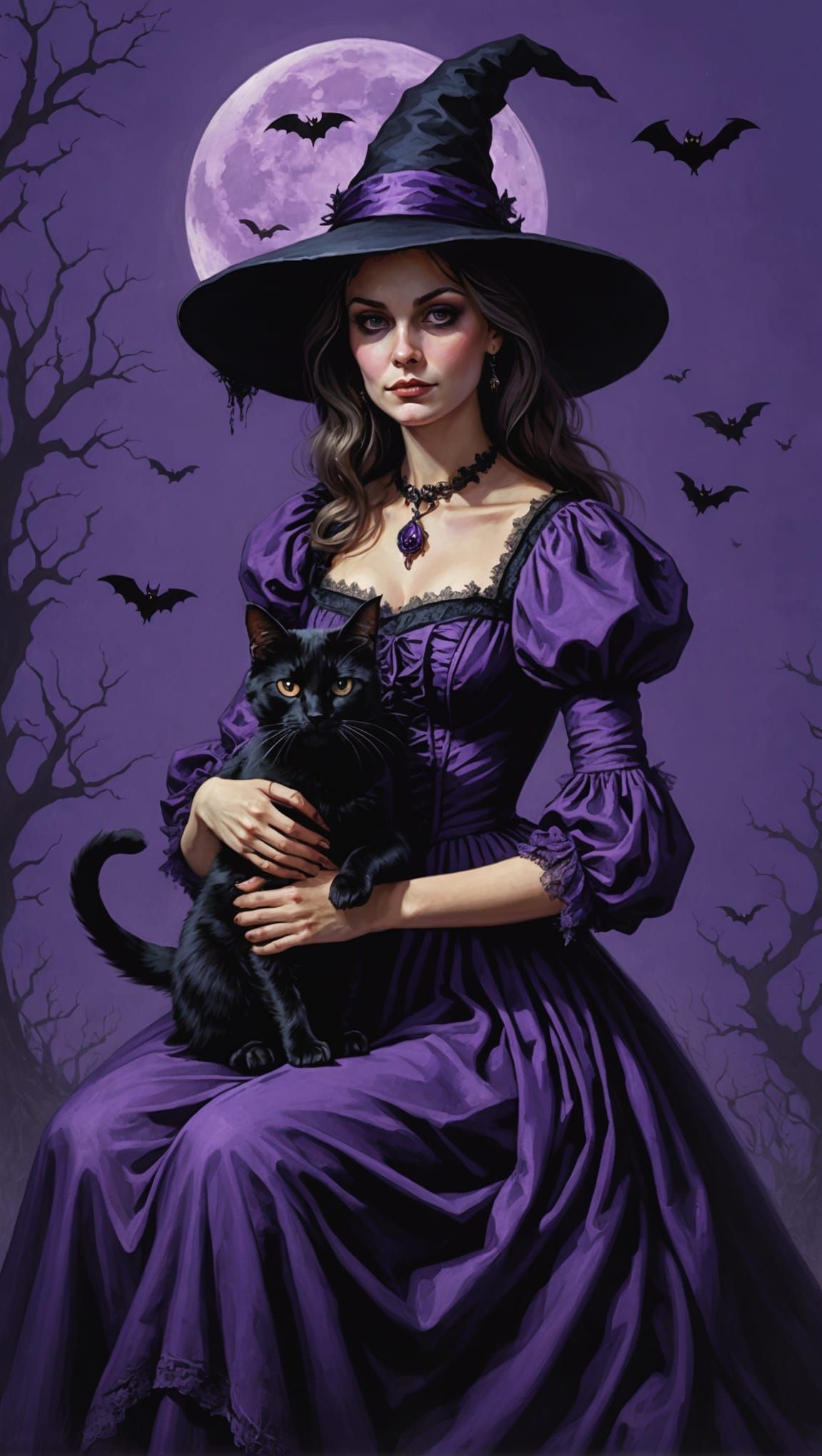 Halloween Witch with Black Cat in Horror Style