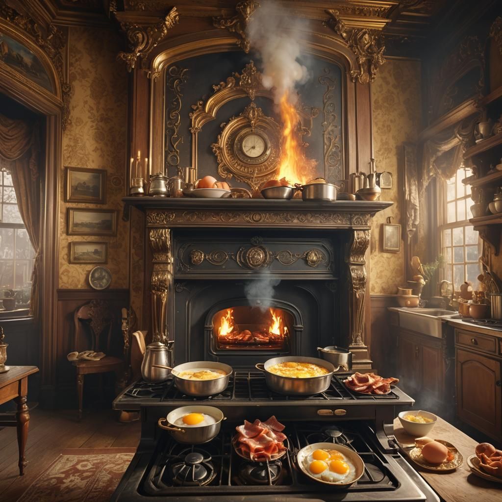 Victorian Kitchen: Bacon and Eggs in Baroque Setting