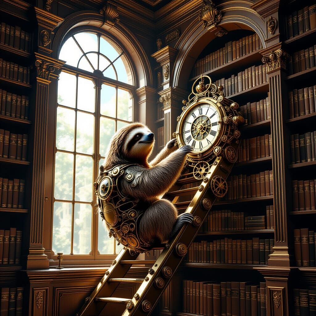 Steampunk Sloth on Ornate Bookshelf