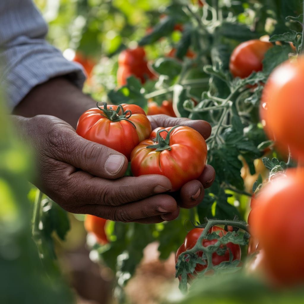 African Farmer's Hands Holding Ripe Tomatoes
