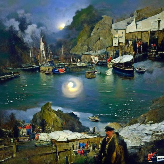 Polperro Harbour by Moonlight: Oil Painting