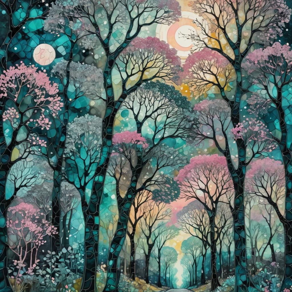 Moonlit Path Through Arabesque Forest: Abstract Expressionis...