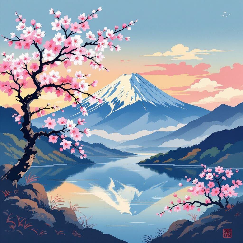 Japanese Landscape in Ukiyo-e Style with Cherry Blossoms