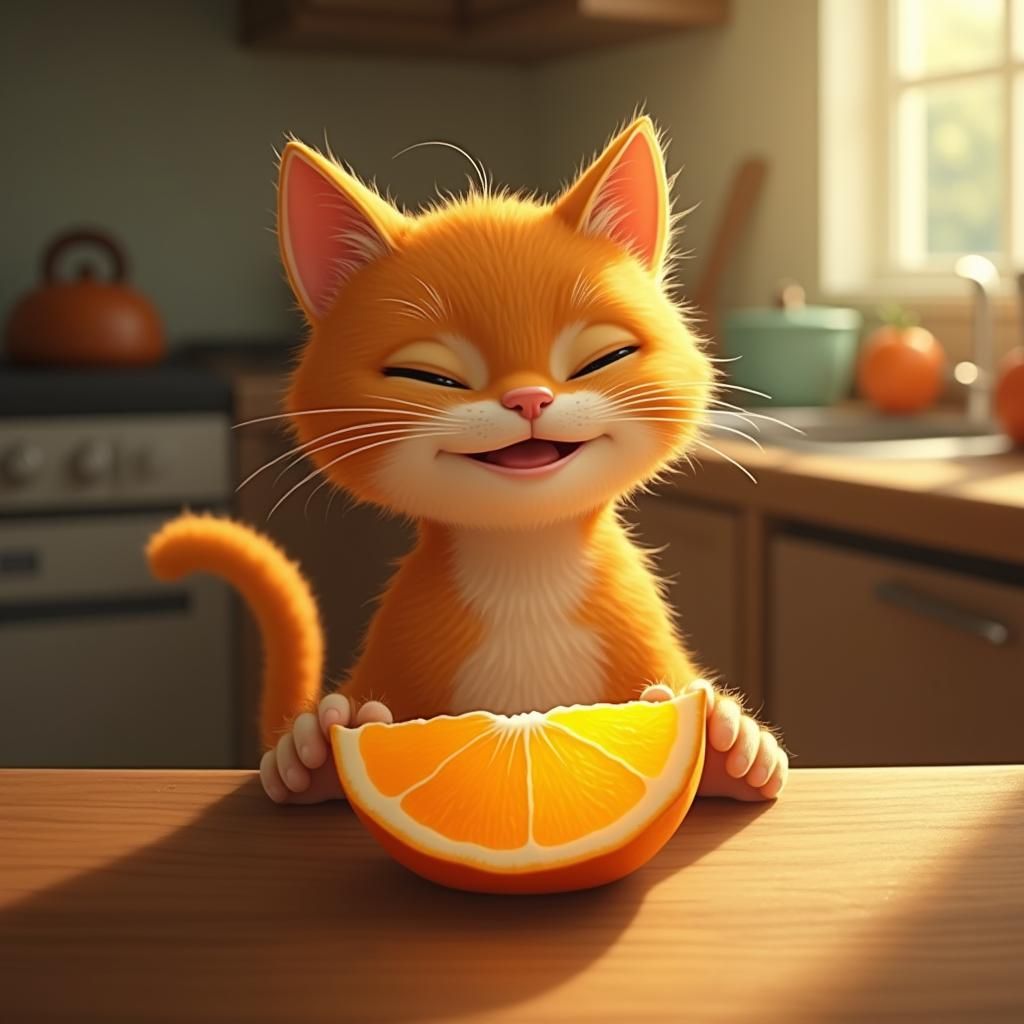 Orange Tabby Cat Enjoys Citrus Slice: Whimsical Art
