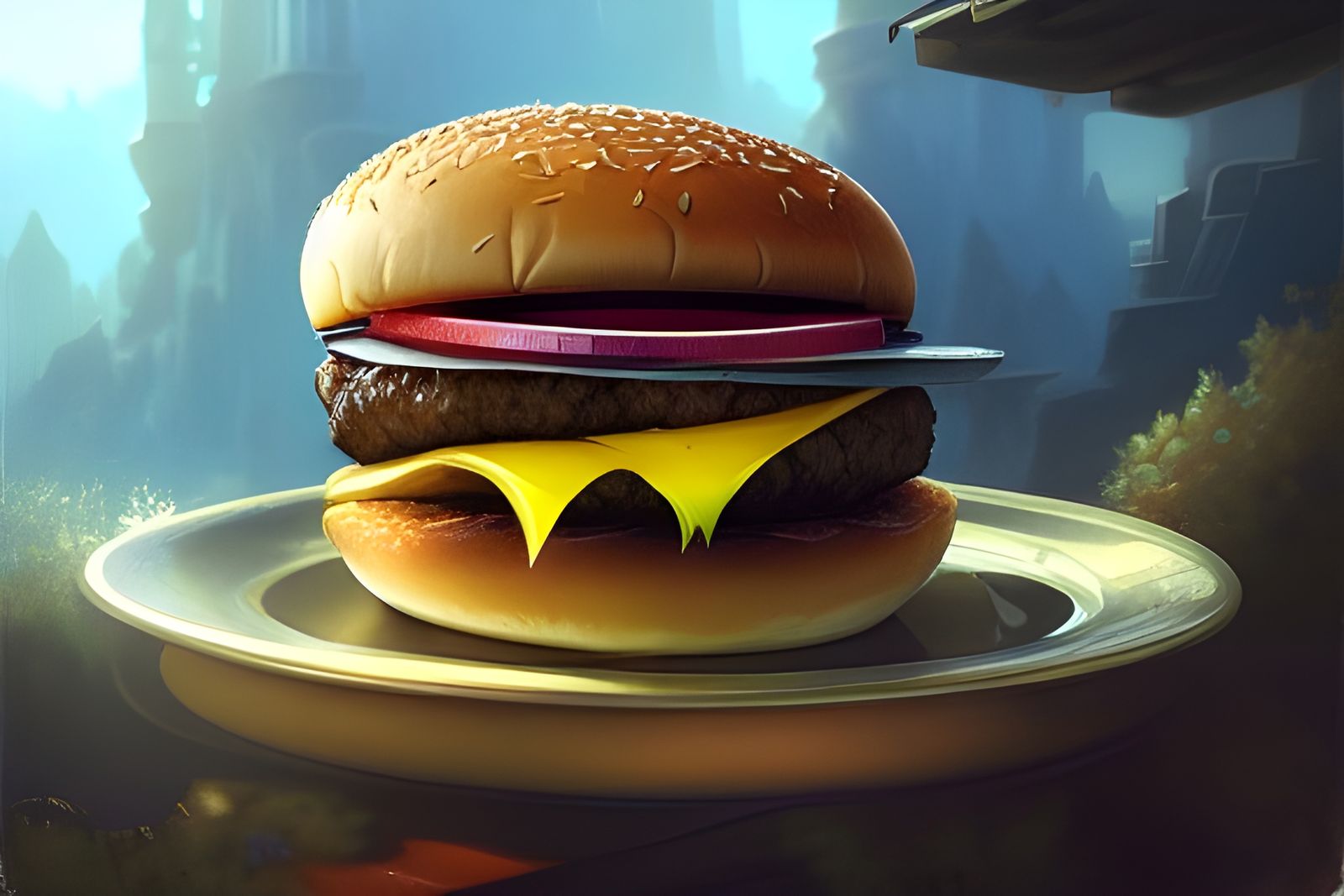 Cheeseburger Still Life in Detailed Matte Painting Style
