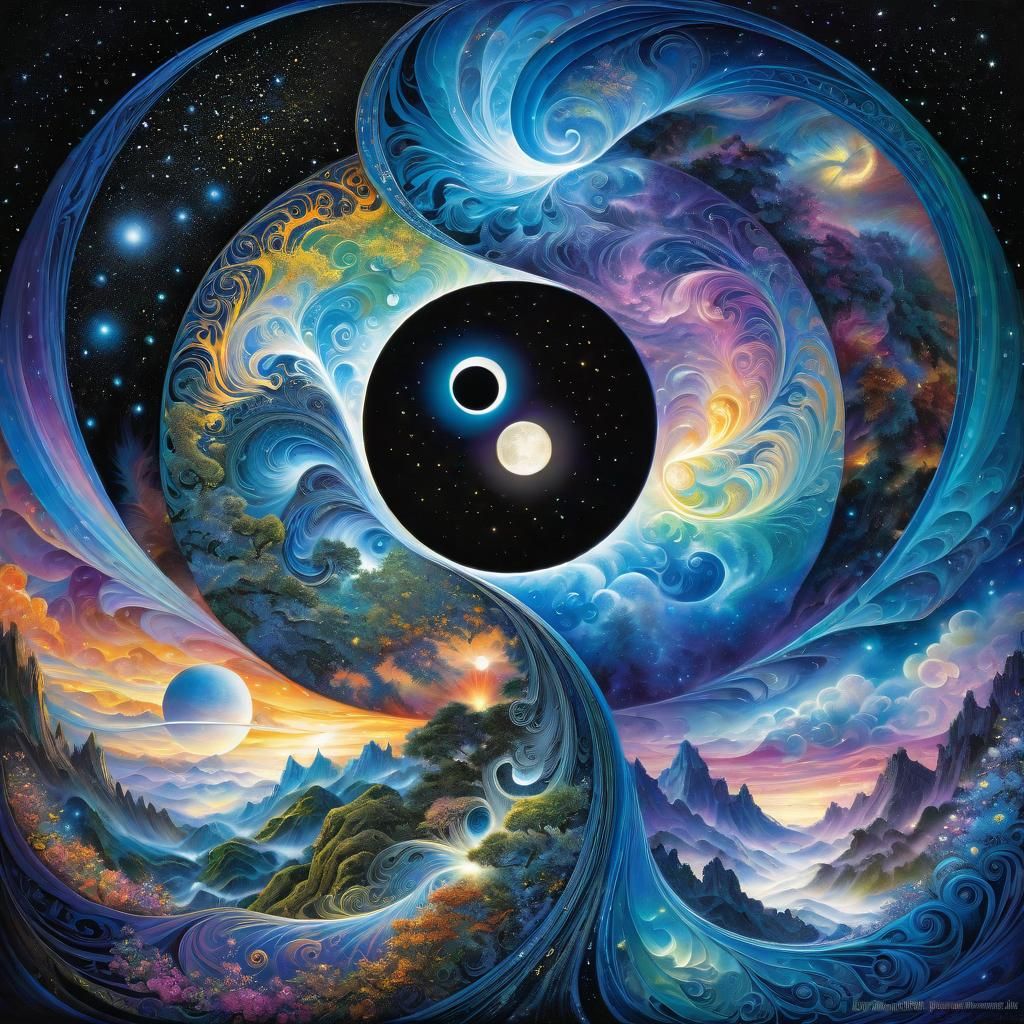 Day and Night Yin Yang with Nebula Background