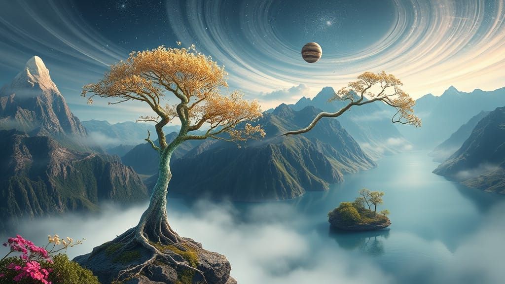 Floating Islands in a Dreamlike Landscape with Iridescent Tr...