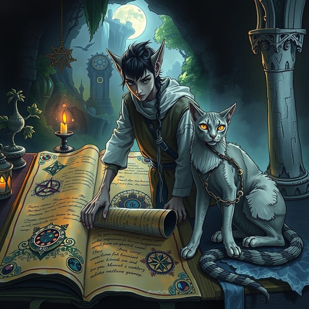 Fae Wizard Studies Ancient Spellbook in Ethereal Candlelight