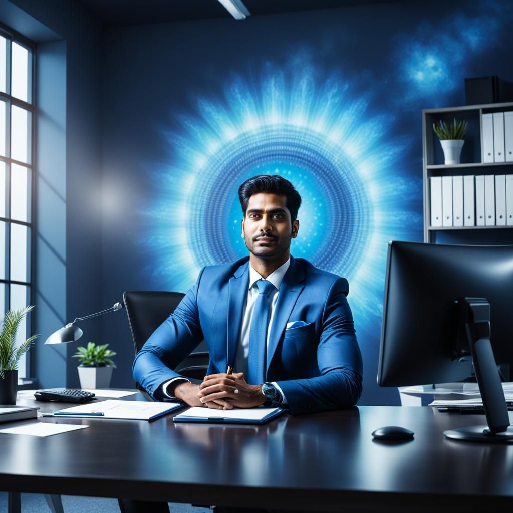 Young Businessman in Blue Aura Office