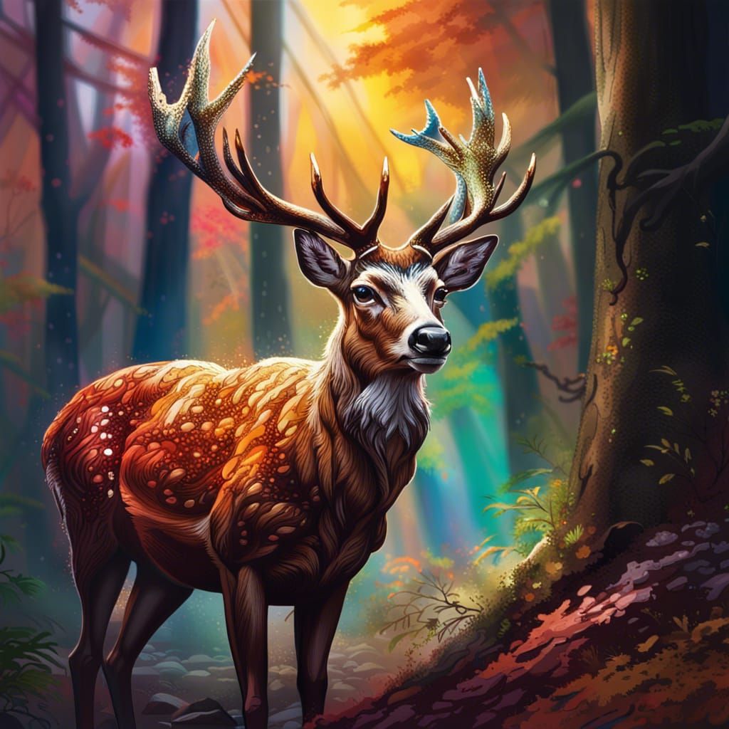 Hyperrealistic Deer Portrait in Colorful Woods