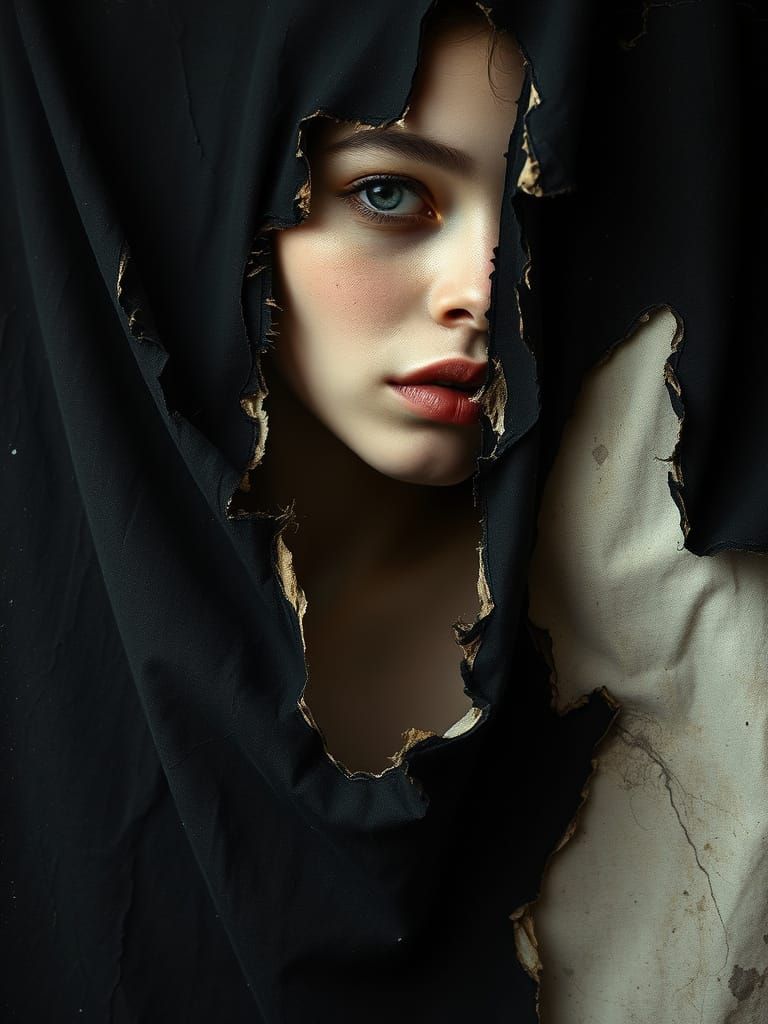 Distressed Fabric Reveals Fragments of a Woman's Portrait