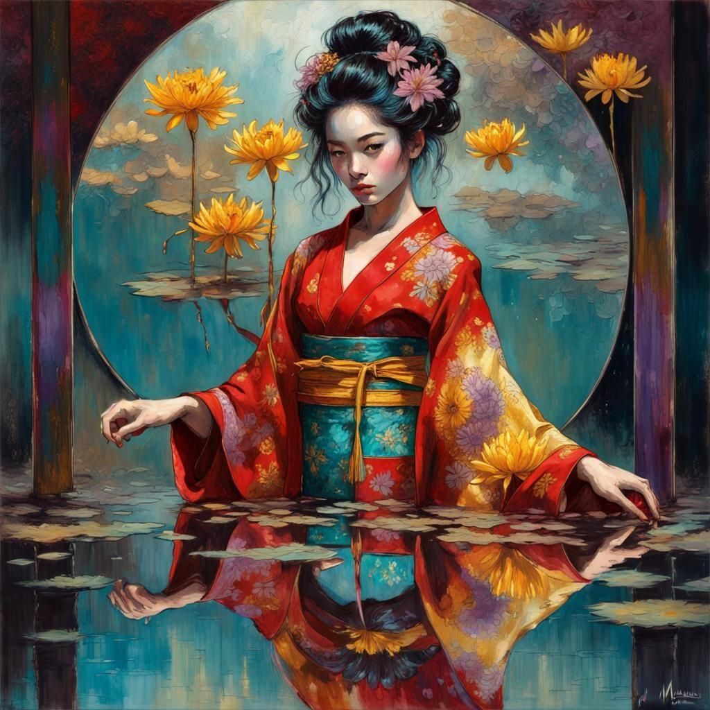 Geisha and Mirrored Reflection in Dark Fantasy Style