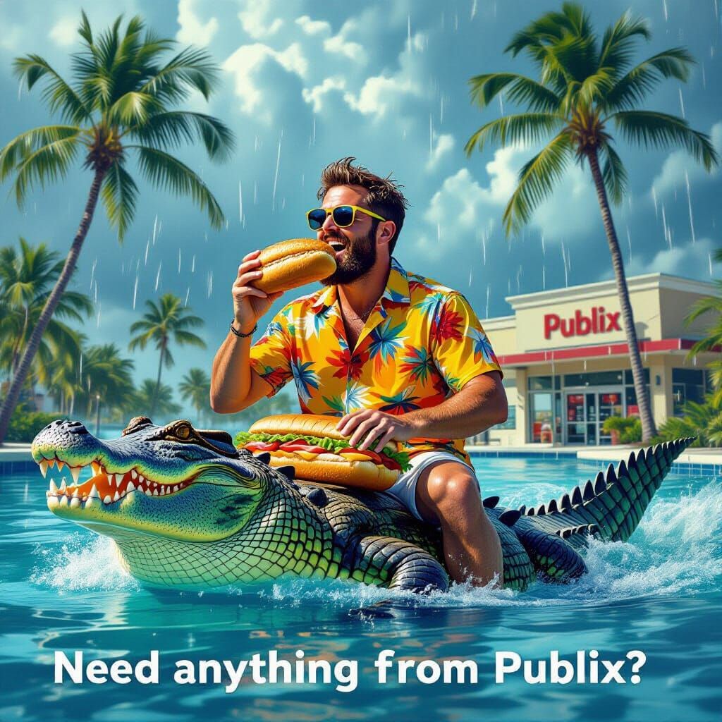A Florida man riding an alligator in a pool of water, during a hurricane while eating a Publix sub sandwich, with palm t...